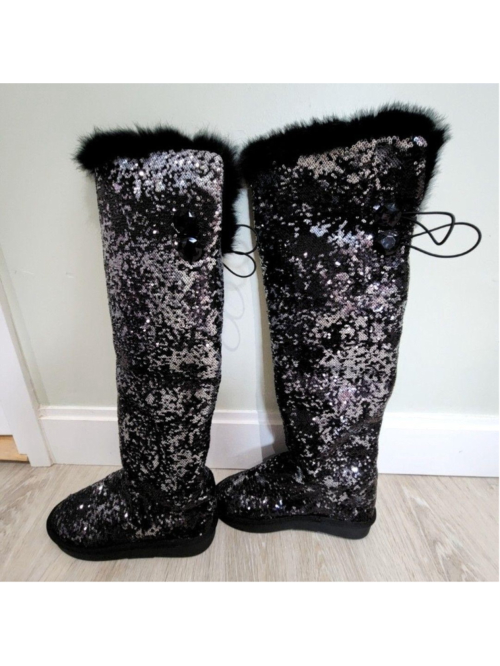 Sequin Snow Boots Womens 8 Black Over The Knee Faux Fur Wedge Winter Party